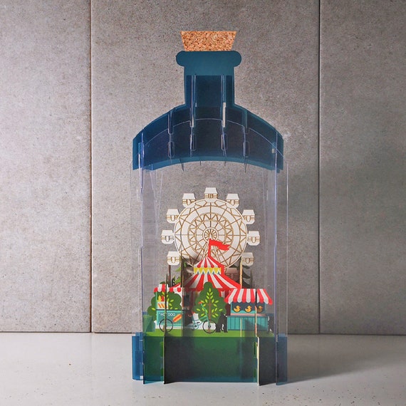 3D Flasche Karten, Riesenrad, Zug, Bäume, Zirkuszelt, Karussell, Ballons, bunt, 3D Karte,3D Karte,3D Karte,handgemachte Karte,3D Karte