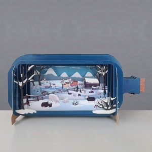 ovejas, nieve, comunidad, montañas, granjero, árboles, cordero, casas, tarjeta cortada con láser, mensaje 3d en botella, tarjeta emergente, tarjeta de regalo 3d