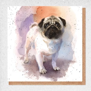 pintura de acuarela de bellas artes, tarjeta encantadora, raza pug dog.pug, mascota, mascota familiar, tarjeta de cumpleaños, tarjeta de regalo, gracias, tarjeta de amistad, naturaleza