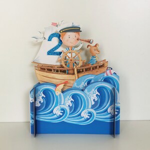 2e verjaardagskaart, kinderkaart, zeilschip, zeiler, hond, zee, lasergesneden kaart, pop-out kaart, 3d cadeaubon, kaart, 3d, cadeaubon, kapitein, oceaan, vogels
