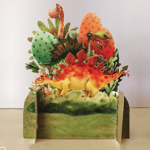 dinossauros, cores, lúdico, plantas, feliz, cartão infantil, vegetação, cartão cortado a laser, cartão pop-out, cartão-presente 3d, 3d, cartão-presente