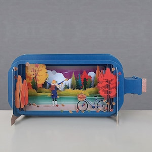 Pop-up kaart, fiets, meer, rode boom, vredig, herfsttafereel, lasergesneden kaart, 3D-bericht in een fles, pop-out kaart, 3D-cadeaubon, handgemaakte kaart, dame