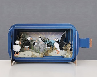 puffins,habitat,suns rays,colourful,natural,seaside,Laser cut card,3d message in bottle,pop out card,3d gift card,handmade card,3d,gift card