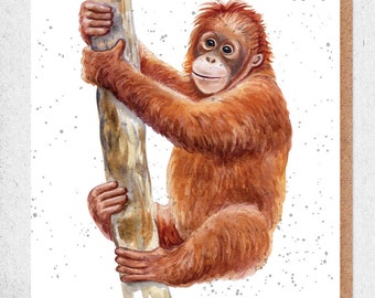 orangutan,fine art watercolour painting,lovely card,birthday card,gift card,thank you,friendship card,hanging on to tree,happy eyes,primate