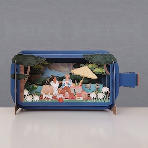 parasol, eenden, buiten, picknickscène, lasergesneden kaart, 3d bericht in fles, pop-out kaart, 3d cadeaubon, handgemaakte kaart, 3d, genieten, eten, hond
