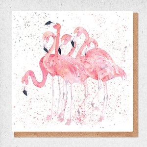 pintura de acuarela de bellas artes, tarjeta encantadora, pájaros coloridos, flamenco bonito, flores, tarjeta de cumpleaños, tarjeta de regalo, gracias, tarjeta de amistad
