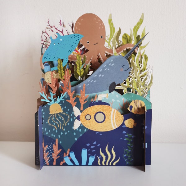 fish,octopus,narlwhal,stingray,coral,jellyfish,children card,submarine,seaweed,ocean,Laser cut card,pop out card,3d gift card,3d,gift card