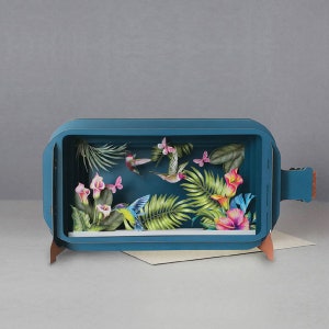 landtafereel, kolibries, bloemen, mooi, kleur, lasergesneden kaart, 3D-bericht in fles, pop-out kaart, 3D-cadeaubon, handgemaakte kaart, 3D, cadeaubon