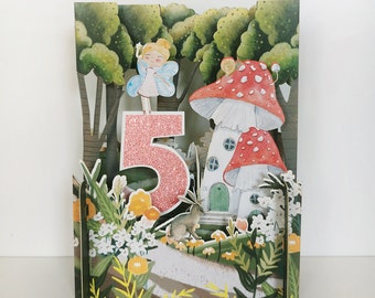 Aniversário de 5 anos, fada, casa de cogumelos, coelho, cartão infantil, cartão cortado a laser, cartão pop-out, cartão-presente 3D, cartão feito à mão, 3D, cartão-presente, cartão de menina