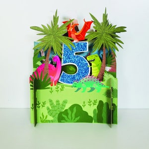 5e anniversaire de naissance de dinosaures, couleurs, espiègle, plantes, joyeux, carte pour enfants, verdure, carte découpée au laser, carte pop-out, carte-cadeau 3D, 3D, carte-cadeau