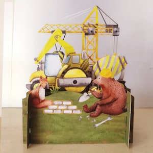 construção, escavadores, guindaste, raposa, rolo compactador, amarelo, urso, colorido, trabalhando, cartão cortado a laser, cartão pop-out, vale-presente 3d, 3d, vale-presente