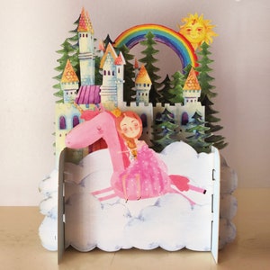 eenhoorn, roze, prinses, kleurrijk, regenboog, kasteel, zon, gelukkig, kinderkaart, lasergesneden kaart, pop-out kaart, 3D-cadeaubon, 3D, cadeaubon