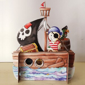 tarjeta para niños, piratas, barco, loro, parche en el ojo, cofre del tesoro, velas, tarjeta cortada con láser, tarjeta emergente, tarjeta de regalo 3d, tarjeta, 3d, tarjeta de regalo