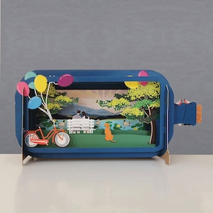 globos, escena impresionante, colorido, naturaleza, tarjeta cortada con láser, mensaje 3d en botella, piscina de patos, tarjeta de regalo 3d, tarjeta hecha a mano, 3d, tarjeta de regalo, bicicleta