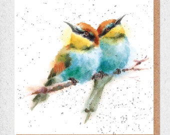 fine art watercolour painting,lovely card,colourful birds,bee eater birds,flowers,birthday card,gift card,thank you,friendship card