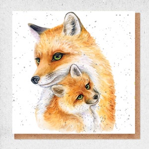 pintura de acuarela de bellas artes, tarjeta encantadora, zorros, zorros amorosos, zorra y cachorro, tarjeta de cumpleaños, tarjeta de regalo, gracias, tarjeta de amistad, naturaleza, ojos