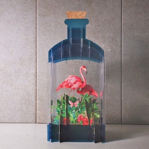 flamencos, mariposas, flores, naturaleza, tropical, rosa, tarjetas de botella 3d, colorido, tarjeta emergente, tarjeta de regalo 3d, tarjeta hecha a mano, 3d, tarjeta de regalo