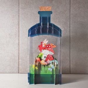 Cartões de garrafa 3D, fada, casa de cogumelo venenoso, borboletas, árvores, conto de fadas, colorido, cartão pop-out, vale-presente 3D, cartão feito à mão, 3D, vale-presente