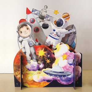 spazio, mondi, astronave, astronauta, razzi, carta per bambini, satalite, stella, carta tagliata al laser, carta pop-out, carta regalo 3d, 3d, carta regalo
