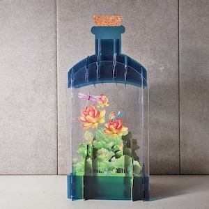 Tarjetas de botella 3d, libélula, flores, vegetación, tarjeta de naturaleza, insectos, tarjeta emergente, tarjeta de regalo 3d, tarjeta hecha a mano, 3d, tarjeta de regalo