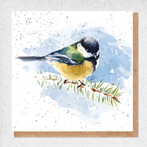 aquarelle d'art, belle carte, mésange bleue, branche de pin, nature, carte d'anniversaire, carte-cadeau, merci, carte d'amitié