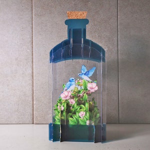 Tarjetas de botella 3D, pájaros azules, flores, plantas, nido de pájaro, polluelos, flores rosas, coloridas, tarjeta desplegable, tarjeta de regalo 3D, tarjeta hecha a mano, 3D, tarjeta de regalo, bonita