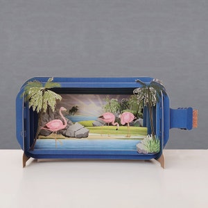 lindos flamingos, pássaros, lago, palmeiras, suporte, cartão cortado a laser, mensagem 3D em garrafa, cartão pop-out, vale-presente 3D, cartão feito à mão, cartão pop-up, rosa