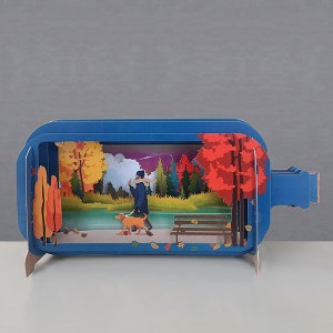 Pop Up Karte, Hundeausführer, Outdoor, Bank, Hund, ruhige Szene, Laser geschnitten Karte, 3D Flaschenpost, 3D Geschenkkarte, handgemachte Karte, 3D