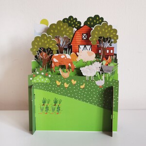 Animali, pecore, mucca, cortile, polli, maiale, oca, alberi, fienile, biglietto per bambini, uccelli, scimmia, biglietto tagliato al laser, biglietto pop-out, buono regalo 3d, 3D, buono regalo