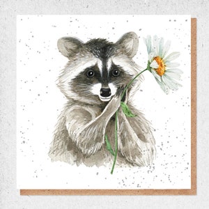 pintura de acuarela de bellas artes, tarjeta encantadora, mapache, amoroso, lindo, flor, tarjeta de cumpleaños, tarjeta de regalo, gracias, tarjeta de amistad, naturaleza, encantador