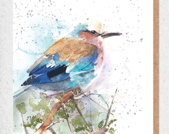 Tarjeta de acuarela de la carraca lila, arte de aves africanas