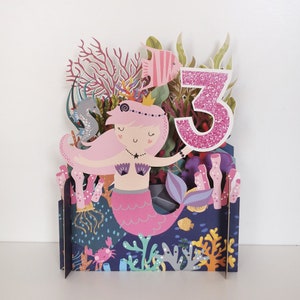 3º aniversário, sereia, peixes, coral, colorido, feliz, cartão infantil, exótico, cartão cortado a laser, cartão pop-out, cartão-presente 3d, 3d, cartão-presente, rosa, cartão de menina