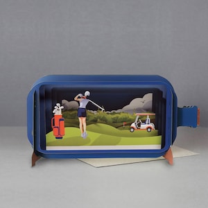 Carte contextuelle, golf, femme, sport, verdure, clubs de golf, poussette, carte découpée au laser, message 3D dans une bouteille, carte contextuelle, carte-cadeau 3D, carte faite main, 3D, t-shirt