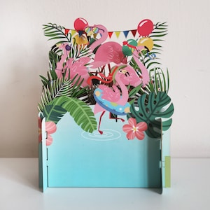 flamants roses, fête, coloré, faune, ballons, bruant, natation, fougères, carte découpée au laser, carte pop-out, carte-cadeau 3D, carte fait main, 3D, carte-cadeau