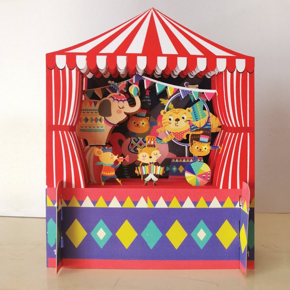 big top,stage,fun,childrens card,circus,band,elephant,bunting,colourful,Laser cut card,pop out card,3d gift card,3d,gift card