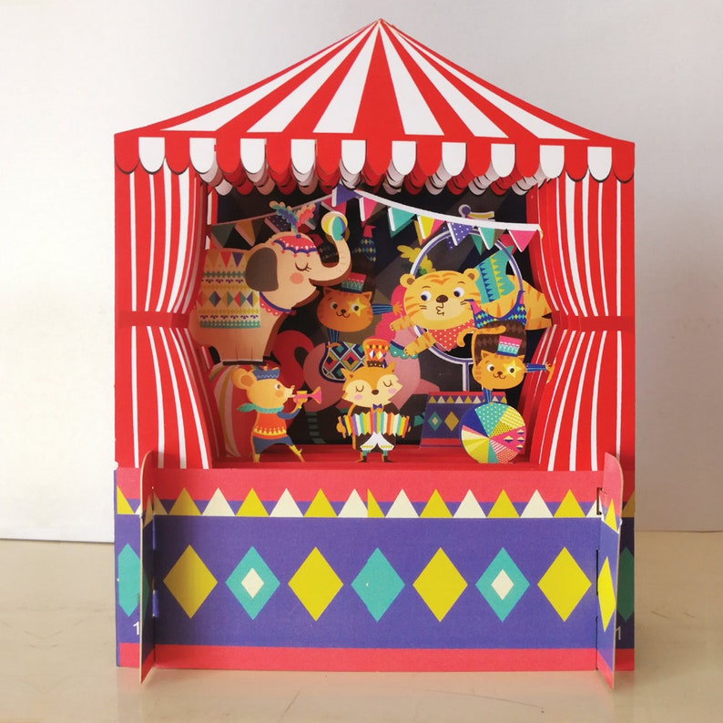 big top,stage,fun,childrens card,circus,band,elephant,bunting,colourful,Laser cut card,pop out card,3d gift card,3d,gift card