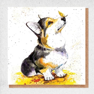 pintura em aquarela de belas artes, lindo cartão, corgi, borboleta, animal de estimação, cachorro, cartão de aniversário, vale-presente, obrigado, cartão de amizade, preto e branco