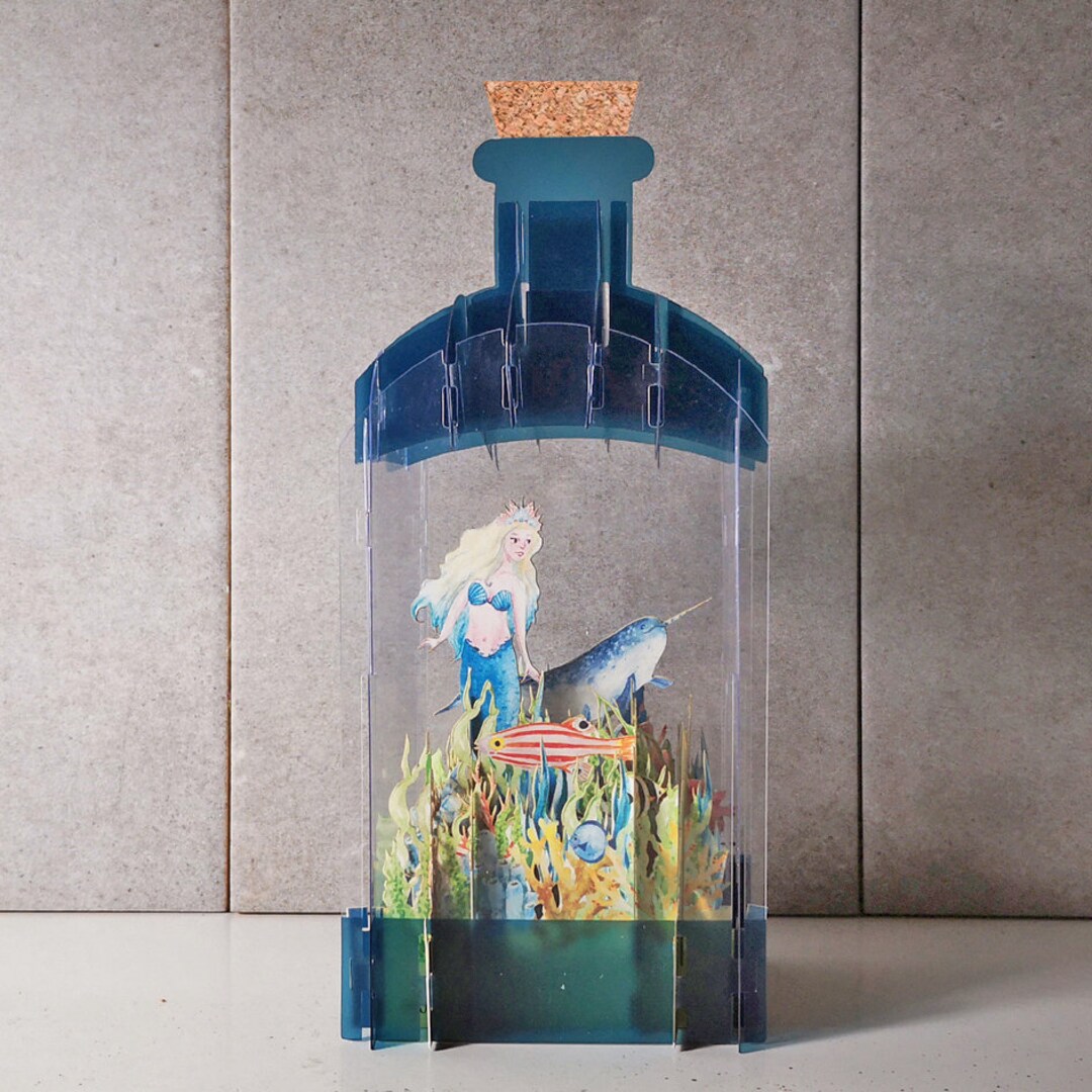 3d Bottle Cards,mermaid,fish,coral,waterworld Scene,narwhal,colourful