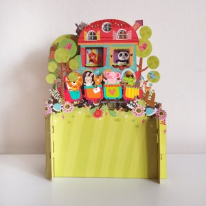 train, animaux, amusement, coloré, éléphant rose, lion, maison, fenêtres, fleurs, carte pour enfants, carte découpée au laser, carte pop-out, carte-cadeau 3D,3D,carte-cadeau