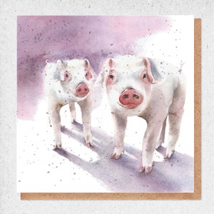 pintura de acuarela de bellas artes, tarjeta encantadora, cerdos, porcino, par, tarjeta de cumpleaños, tarjeta de regalo, gracias, tarjeta de amistad, naturaleza, caballo bronceado