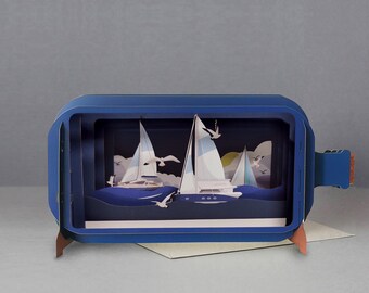 Carte pop-up,bateau à voile,mouettes,nature,passe-temps,extérieur,Carte découpée au laser,message 3D dans une bouteille,carte pop-out,carte-cadeau 3D,carte fait main,vagues