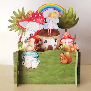 hada, champiñón, arco iris, ardilla, conejo, feliz, árboles, tarjeta para niños, tarjeta cortada con láser, tarjeta emergente, tarjeta de regalo 3d, tarjeta hecha a mano, 3d, tarjeta de regalo