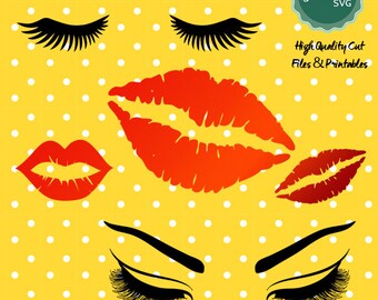 Eyelashes SVG Cut File, Lips SVG Cut File, Eyebrows Clipart, Glamour Decal,  Female Face Printable, for Cricut, Silhouette, png dxf jpeg svg