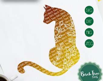 Svg de gato floral, Svg de gato, arquivo de corte Svg de flores silvestres, arquivo de corte Svg de amante de gato, decalque de gato sentado Svg para silhueta Cricut png dxf jpeg svg