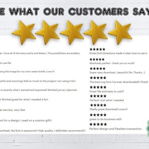 May include: A screenshot of a website with customer reviews for a font. The reviews are all positive and include phrases like "Great font!" and "Absolutely perfect!" The website also includes a logo for Birch Tree SVG.