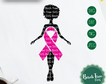 Survivor Svg, Pink Ribbon Svg, African American Svg, Cancer Svg, Breast Cancer Svg, Black Woman Svg, Woman with Afro Svg Silhouette Cricut
