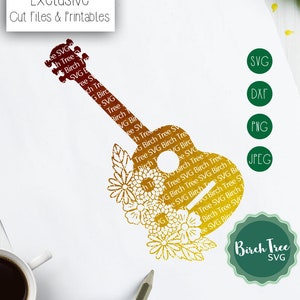 Floral Guitar Svg, Acoustic Guitar Svg, Guitar Cut File, Music Svg, Guitar Decal Svg, Guitar Svg for Cricut Silhouette png dxf jpeg svg