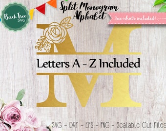 Floral Split Monogram SVG, Flower Split Monogram Font Svg Cut Files, Letter Svg Monogram Alphabet Svg, Cricut Svg Silhouette Digital files