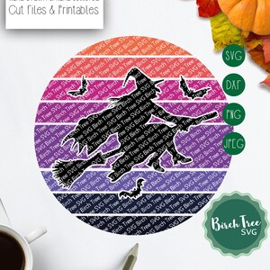 May include: A black silhouette of a witch flying on a broomstick with bats in front of a sunset-colored circle. The circle has a striped pattern with the words "Birch Tree SVG" repeated around the edge. The image is labelled with the words "SVG, DXF, PNG, JPEG".