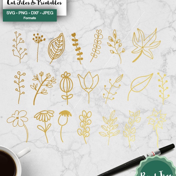 Blume Clipart, Blätter Svg, botanischen Elemente, Blumen Clipart, handgezeichneten Blumen Svg, schneiden Datei Cricut & Silhouette, Svg, Dxf-Png-Jpeg